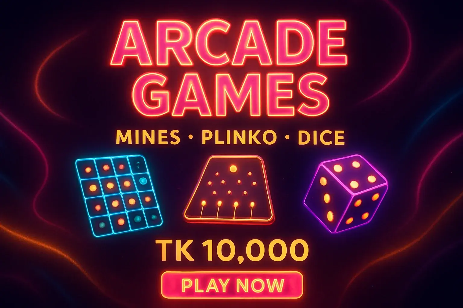 Neon arcade games banner with mines, plinko, dice and play button
