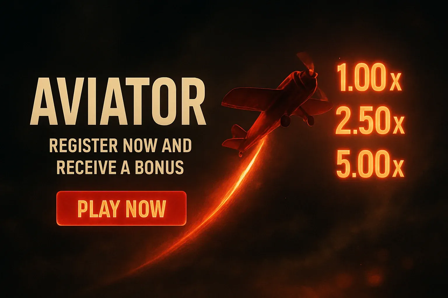 Aviator crash game banner with red plane, multipliers, and play button