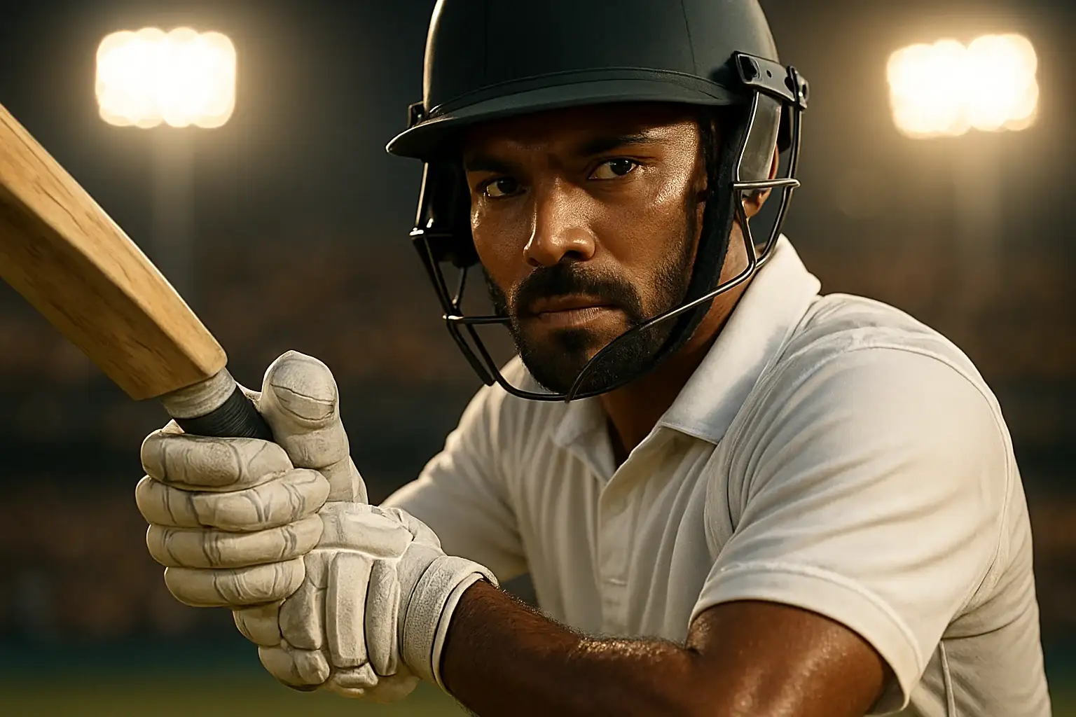 Bangladeshi male cricket batsman in white kit mid-swing under stadium lights