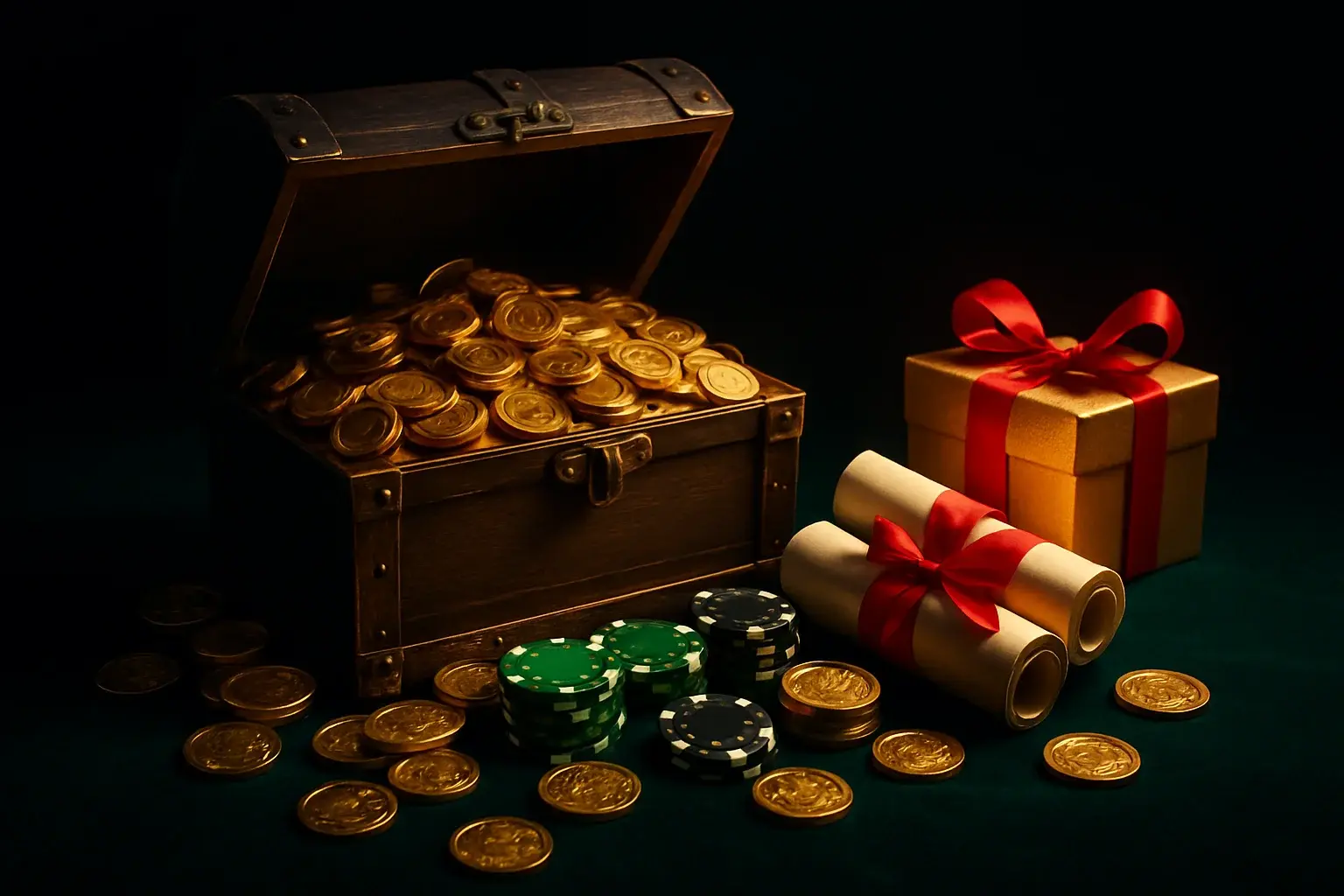 Overflowing treasure chest with coins, casino chips, vouchers, and gift boxes