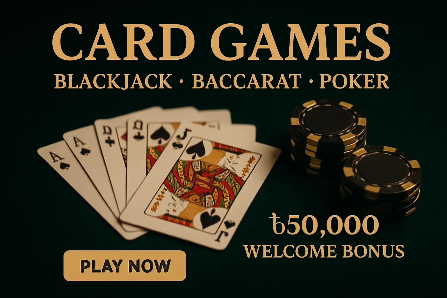 Promotional card games banner with playing cards and gold black chips