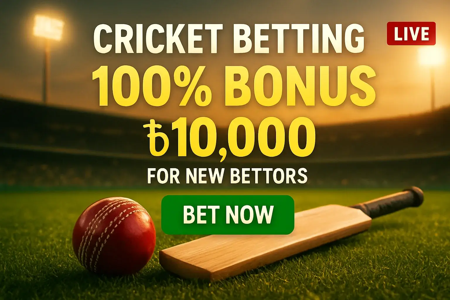 Cricket betting banner with stadium, bat, ball, bonus, and live badge