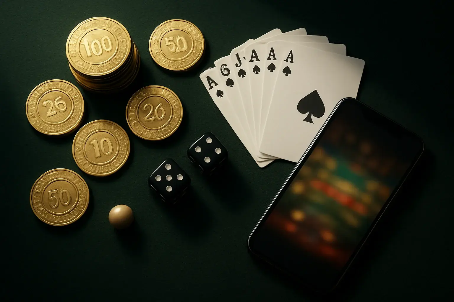 Top-down casino scene with golden chips, cards, dice, roulette ball, smartphone