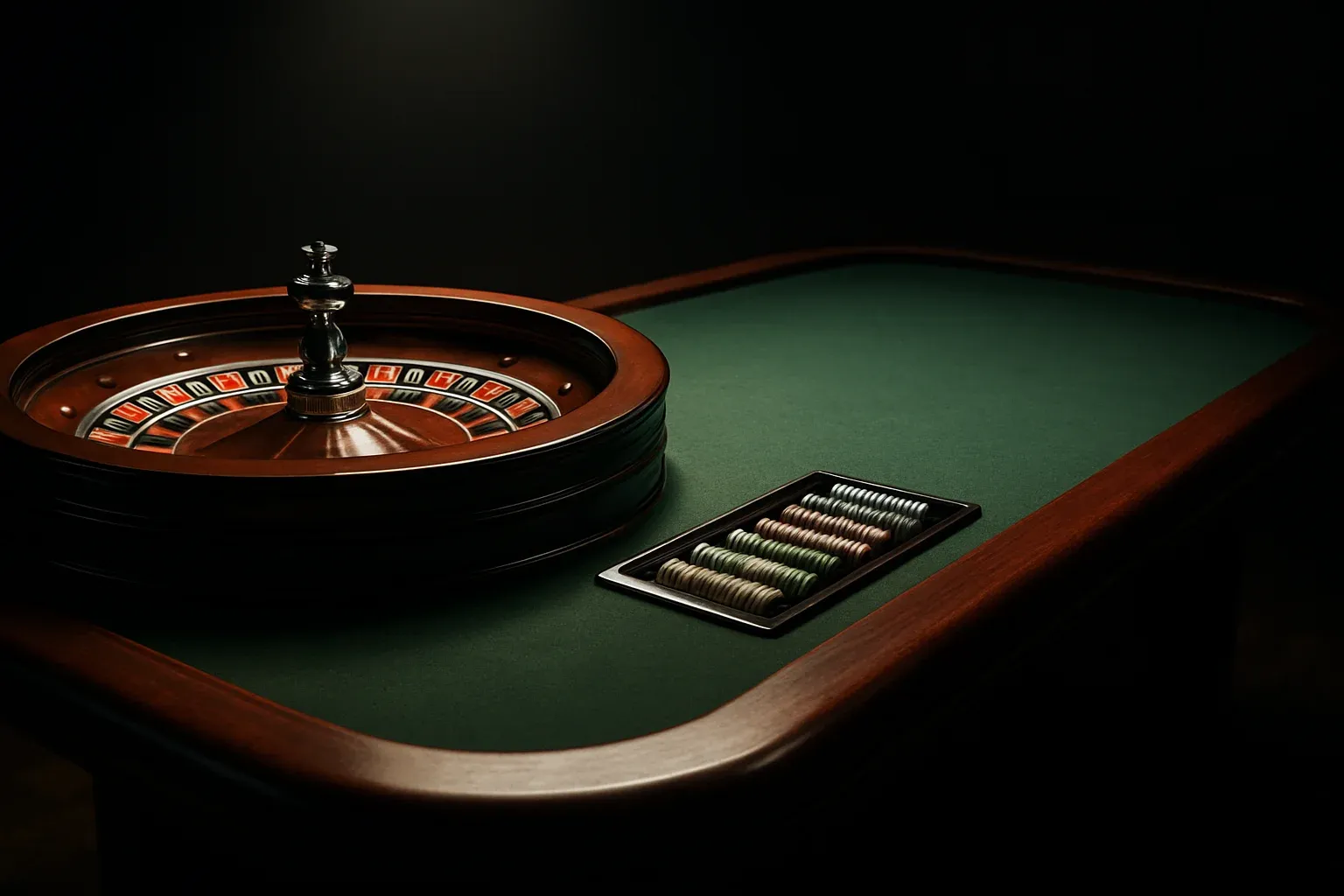 Hyperrealistic live casino studio with empty roulette table and dramatic lighting