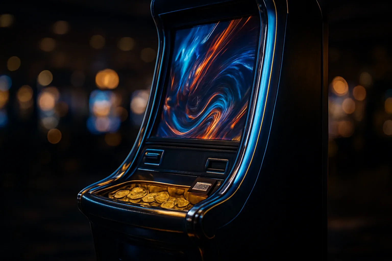 Hyperrealistic premium slot machine glowing in dark luxury casino floor